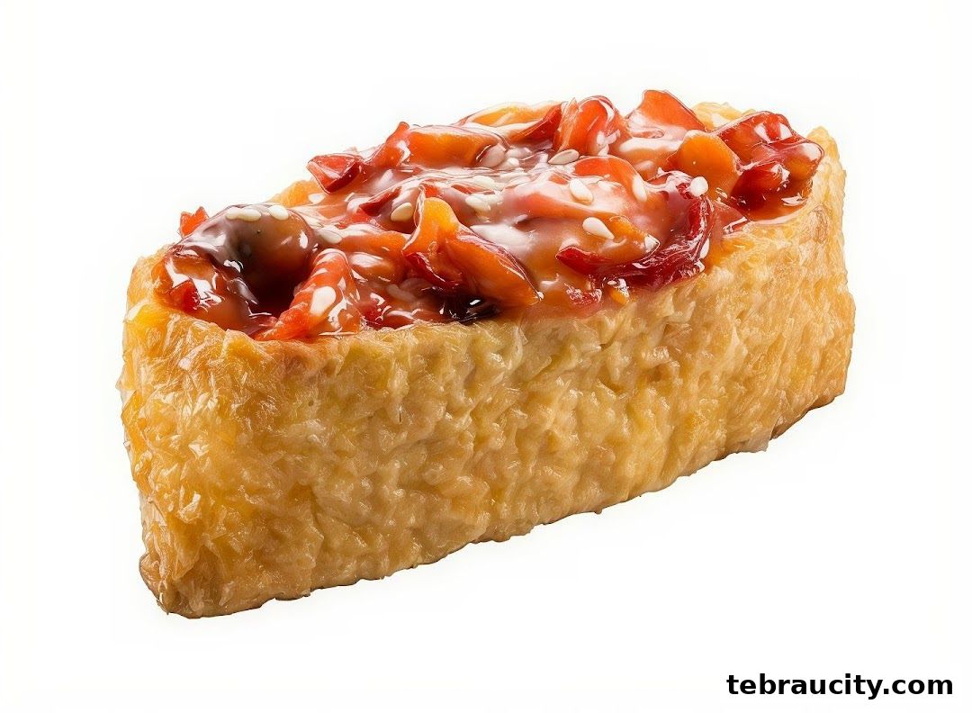 A close-up shot of a delicious sushi inari pocket filled with savory toppings and sesame seeds.