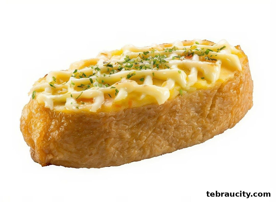 A close-up shot of a delicious sushi item topped with mayonnaise and herbs.