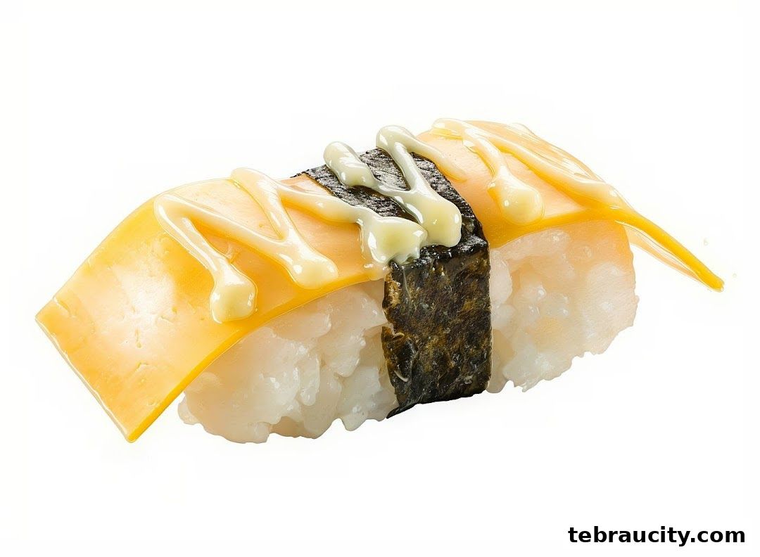 A close-up shot of a single piece of sushi with cheese and mayonnaise.