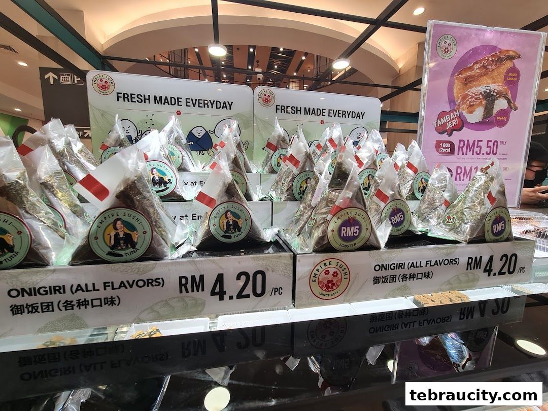 A display of freshly made onigiri and sushi from Empire Sushi.