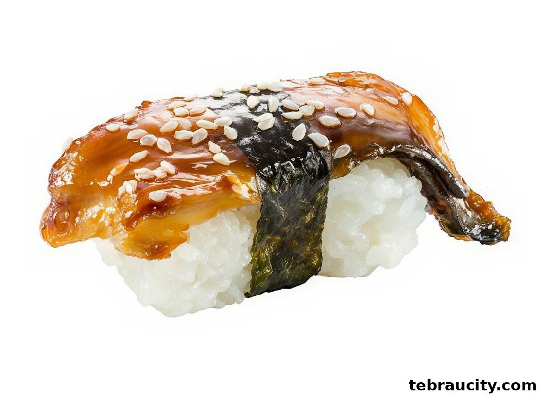 A close-up shot of a delicious Unagi Nigiri sushi with sesame seeds.