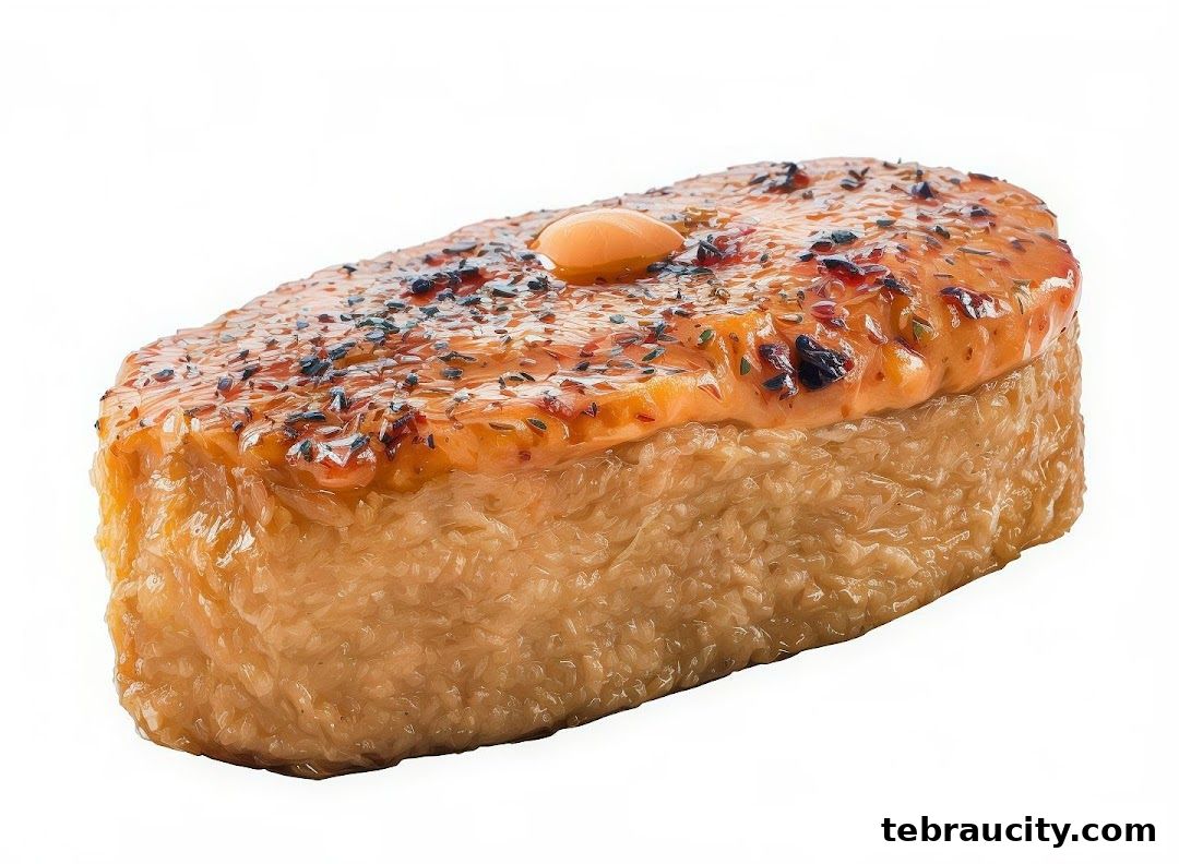 A close-up of a delicious sushi dish with a creamy topping and sprinkled herbs.