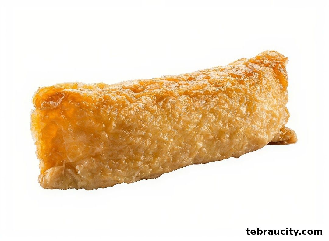 A close-up studio shot of a single piece of Inari sushi.