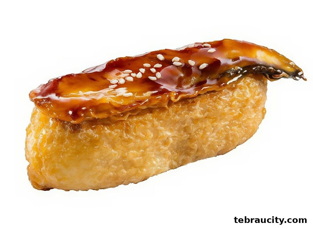 A close-up of a delicious sushi piece with eel and sesame seeds.