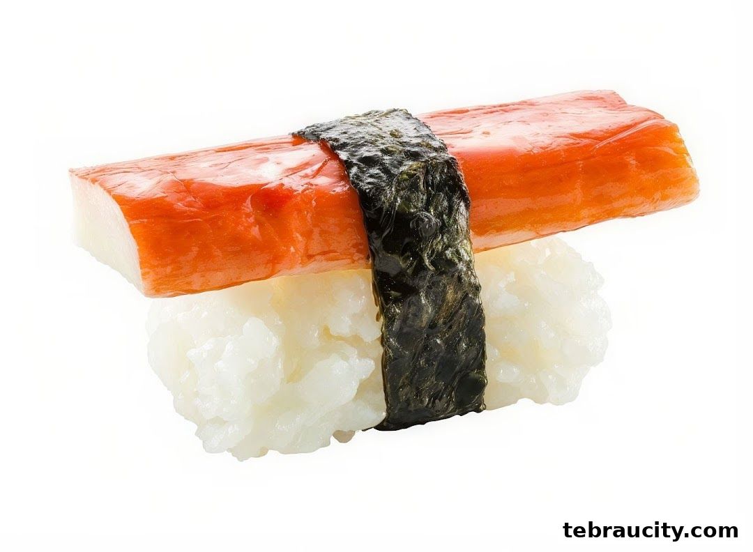 A close-up shot of a single piece of sushi with imitation crab and seaweed.