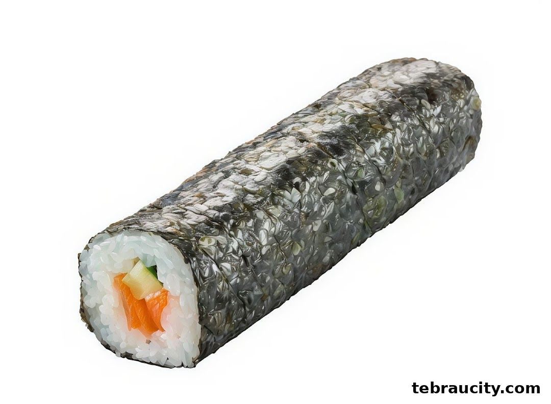 A close-up shot of a sushi roll with salmon and cucumber filling.