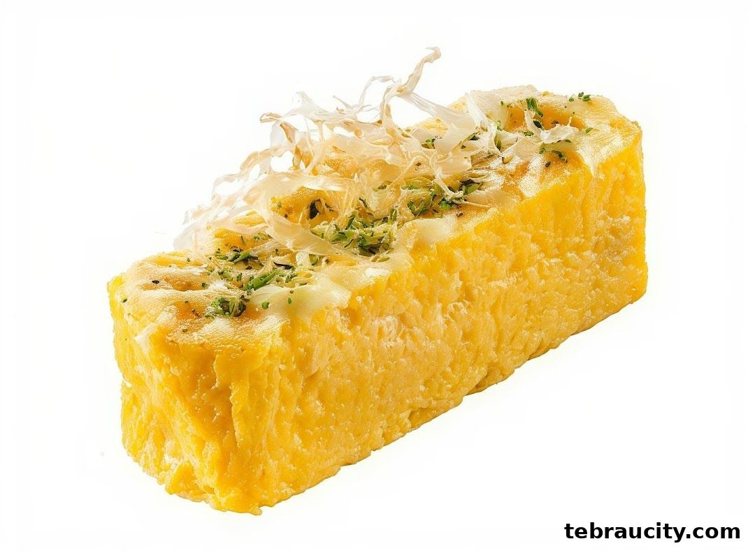 A close-up of a rectangular sushi piece topped with cheese, herbs, and bonito flakes.