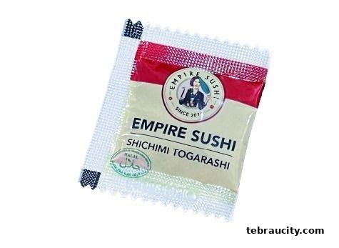 A packet of Empire Sushi Shichimi Togarashi seasoning with a Halal certification.