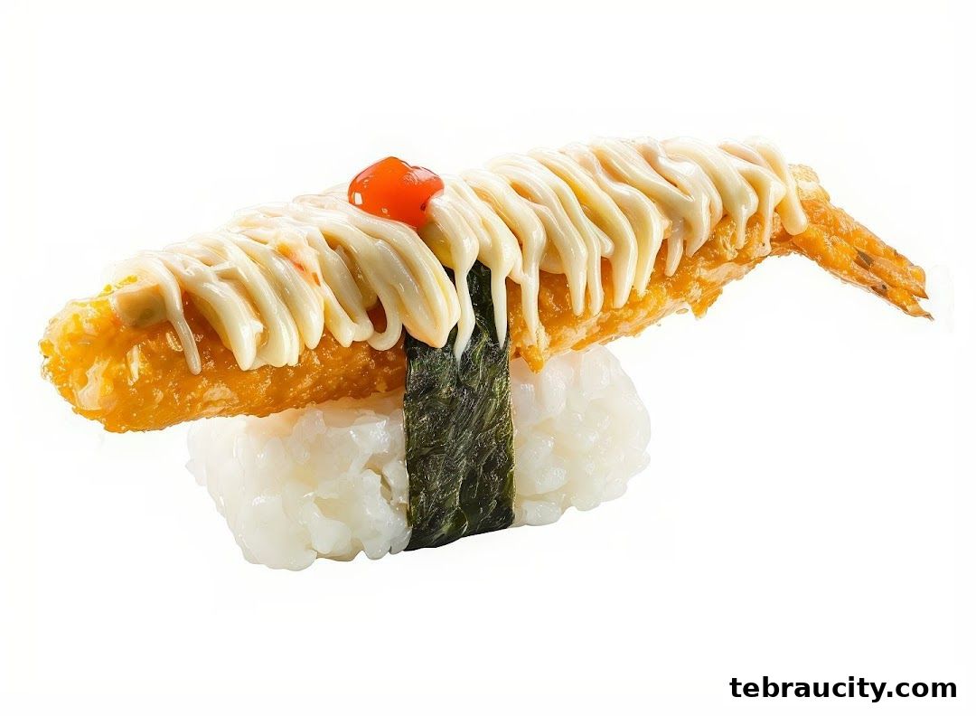 A close-up of a sushi roll with tempura shrimp, mayonnaise, and a cherry tomato.