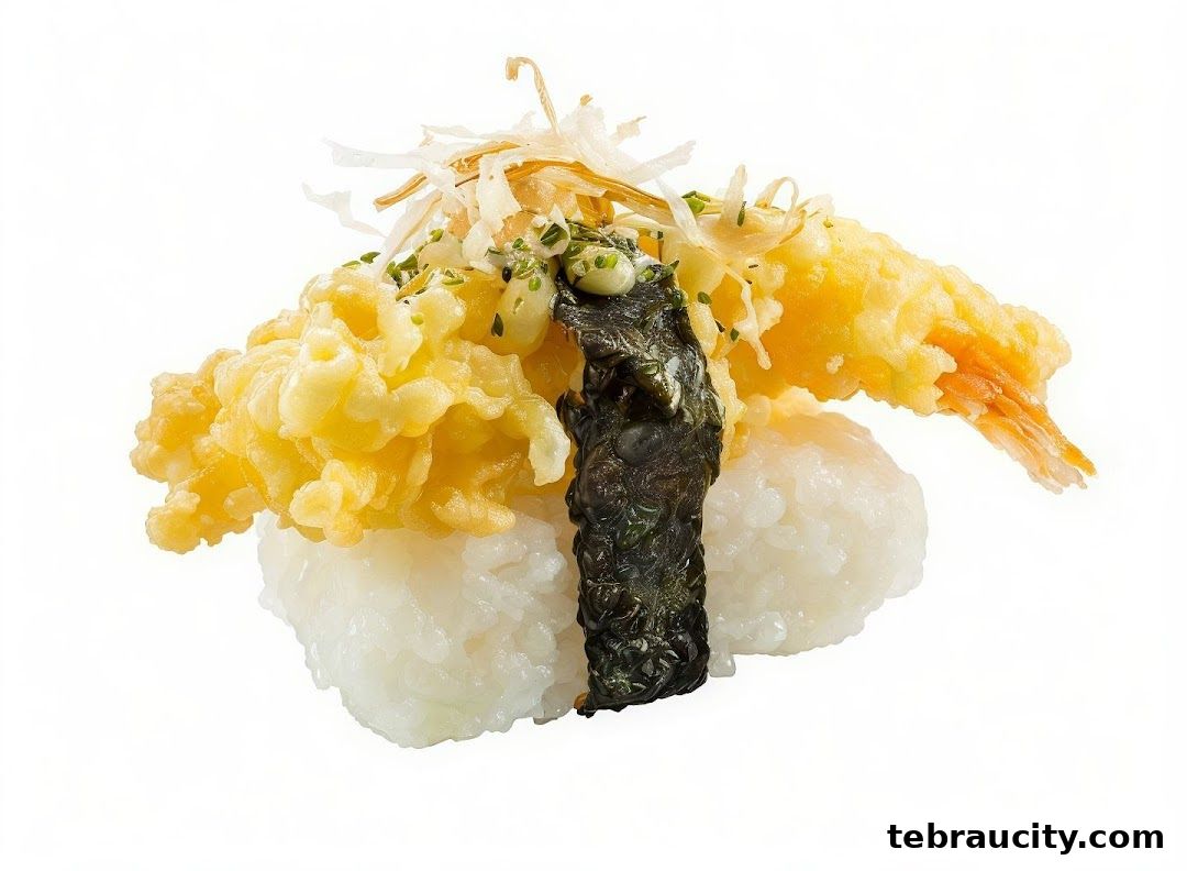 A close-up of a delicious sushi roll with tempura shrimp and crispy toppings.