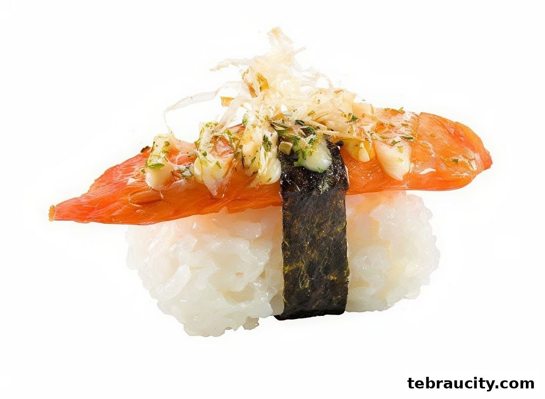 A close-up shot of a delicious salmon sushi with toppings on a white background.