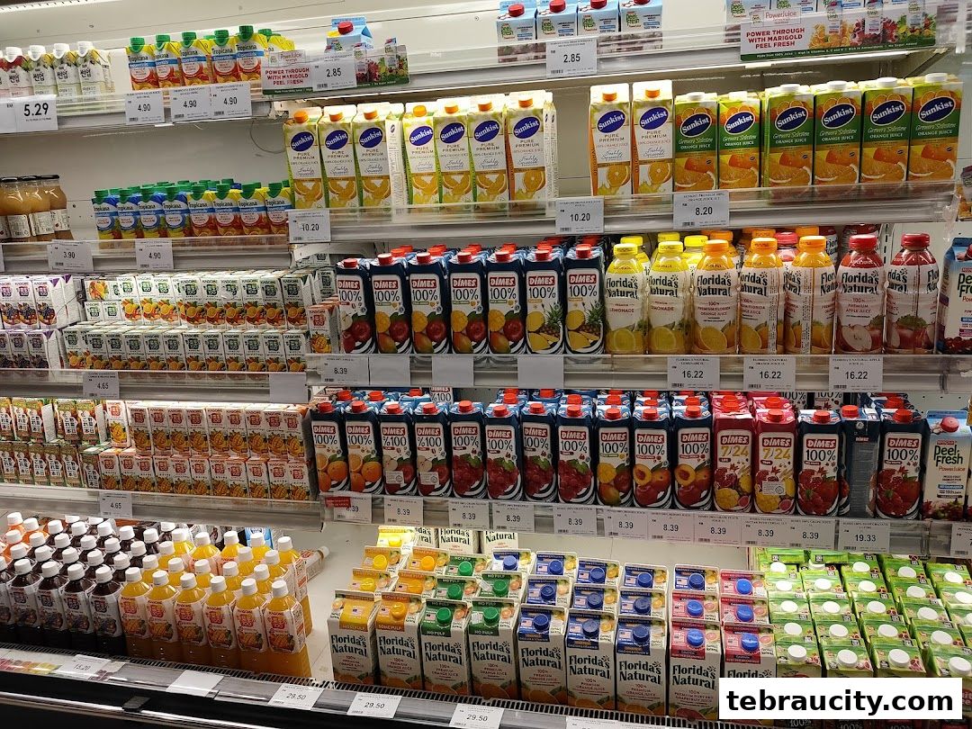 A wide selection of juices and beverages displayed on supermarket shelves.