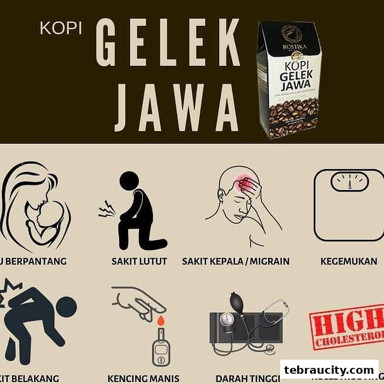 An advertisement for Kopi Gelek Jawa coffee, highlighting health benefits and conditions it may help with.