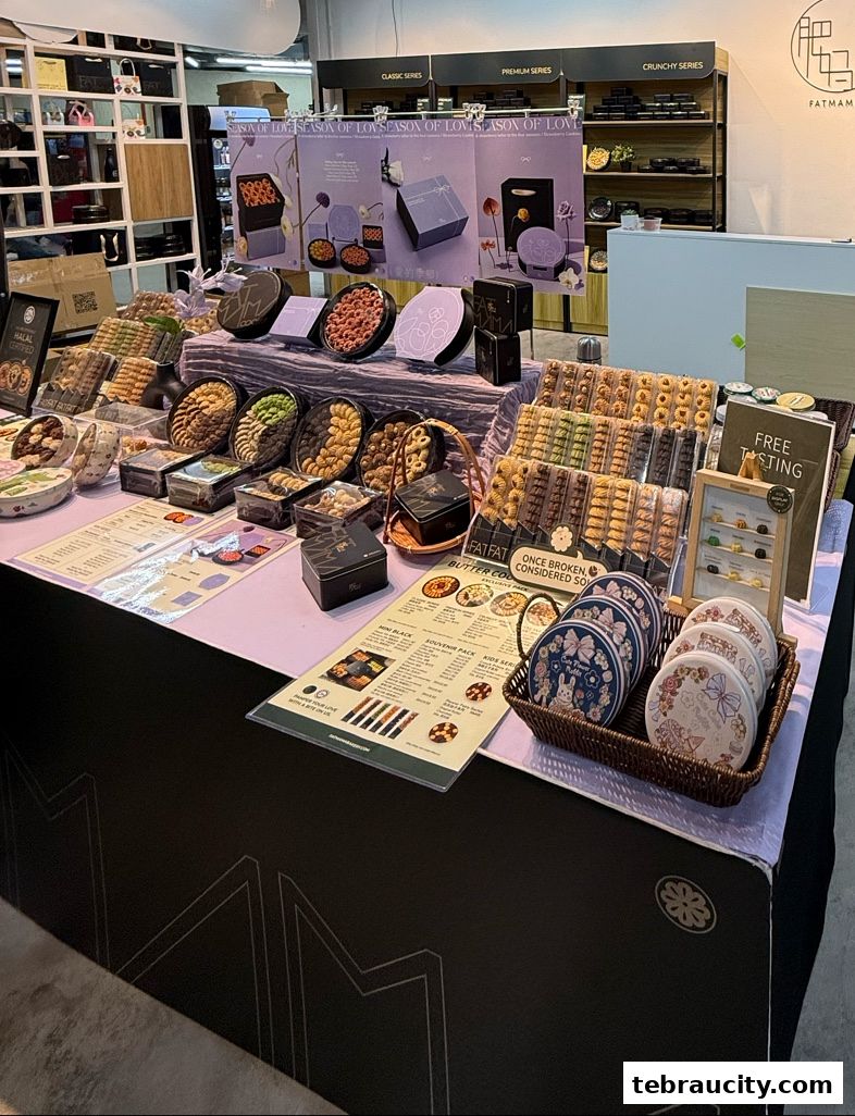 A display table filled with various cookies and gift boxes from Fatmama Bakery.