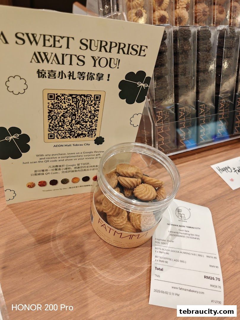 A receipt and a jar of cookies from Fatmama Bakery at AEON Tebrau City.
