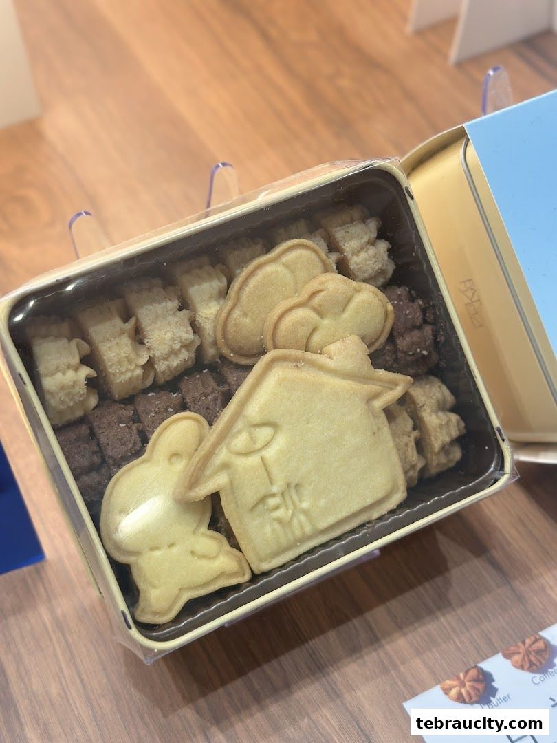 A tin of assorted cookies with cute shapes like a house, rabbit, and clouds.