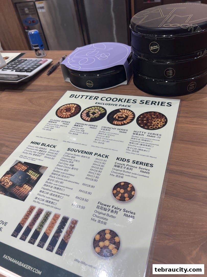 A menu displaying various butter cookie series and gift packs from Fatmama Bakery.