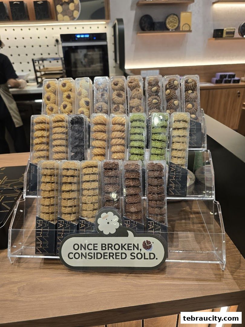 A display of assorted cookies in clear plastic packaging at Fatmama Bakery.