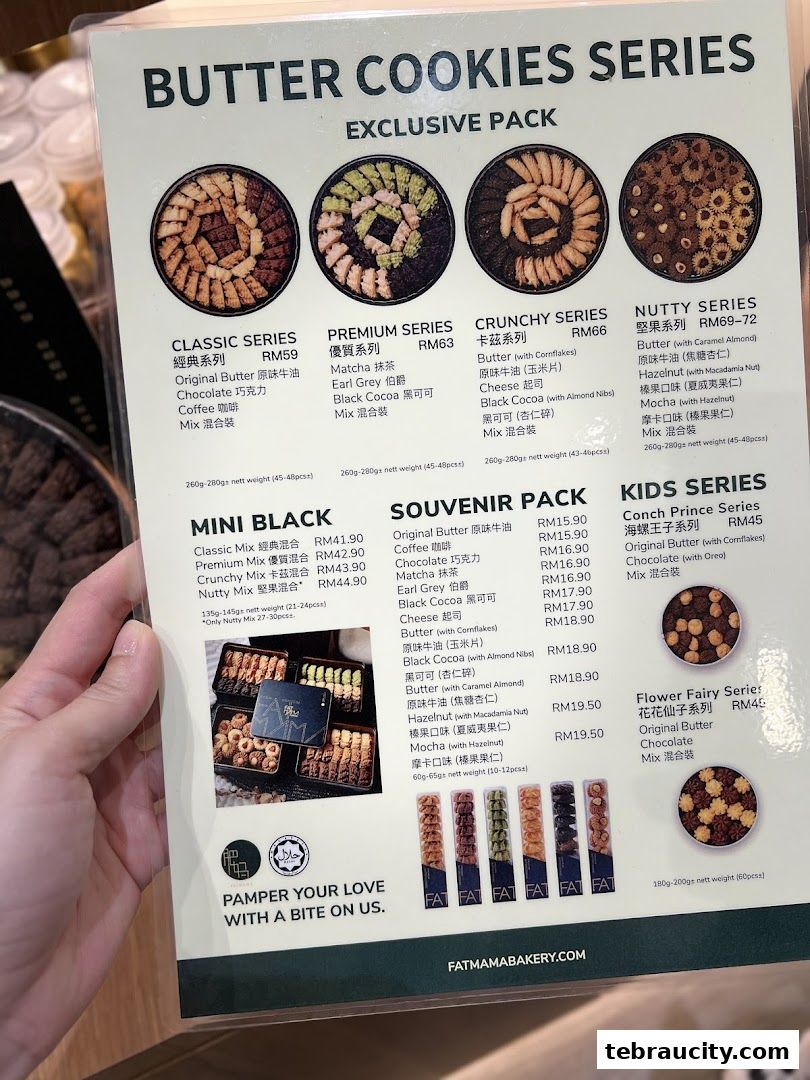 A menu showcasing various butter cookie series with images and prices.