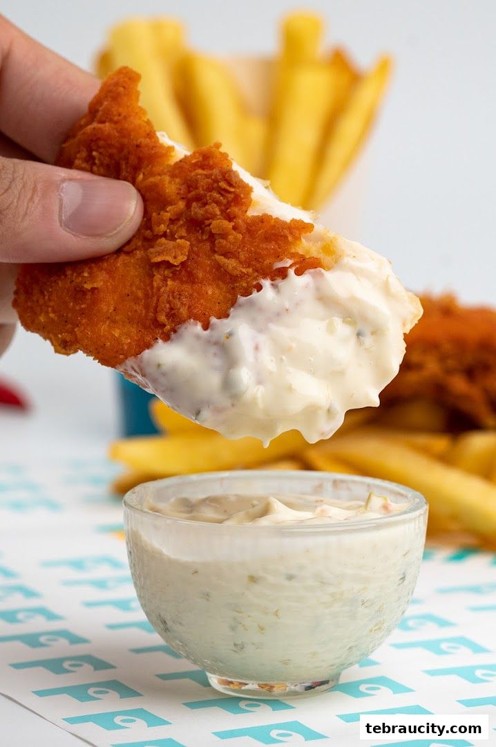 A crispy piece of fish is dipped into a creamy sauce with french fries in the background.