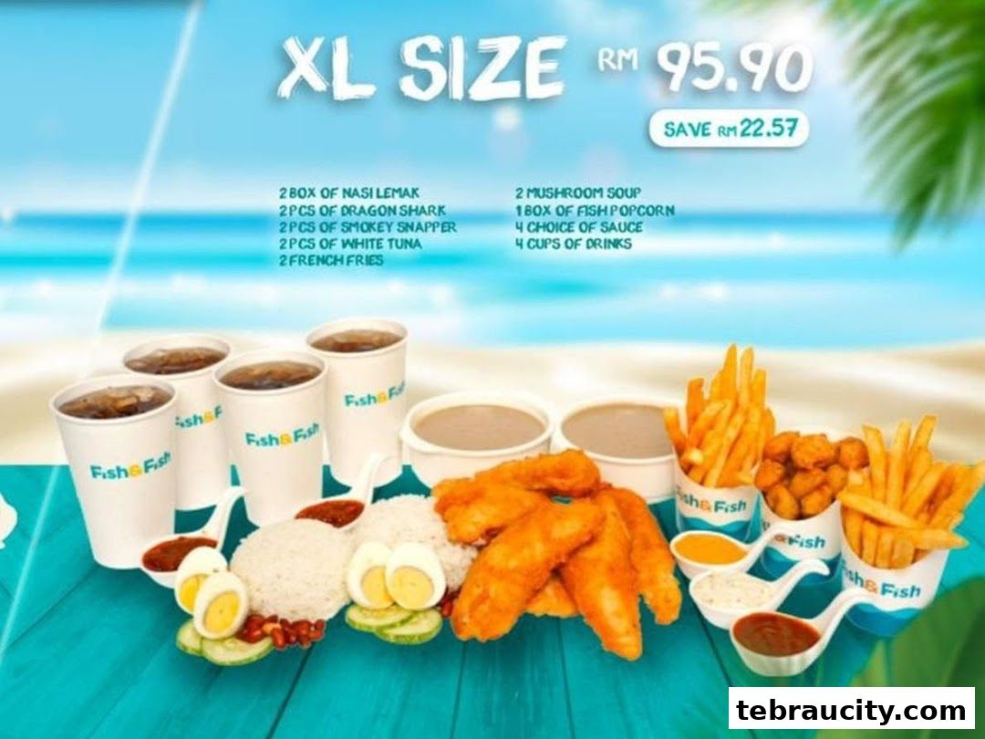 An XL size meal deal from Fish & Fish with various food items and drinks.