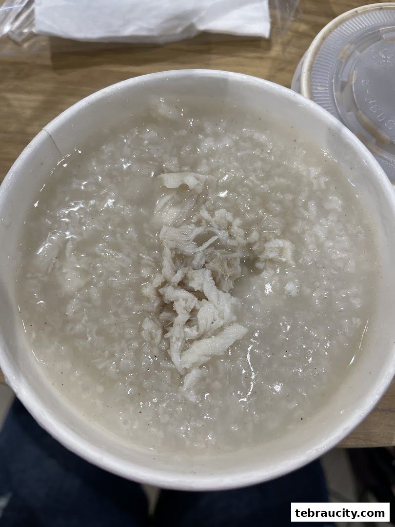 A close-up shot of a bowl of congee with shredded chicken or fish.