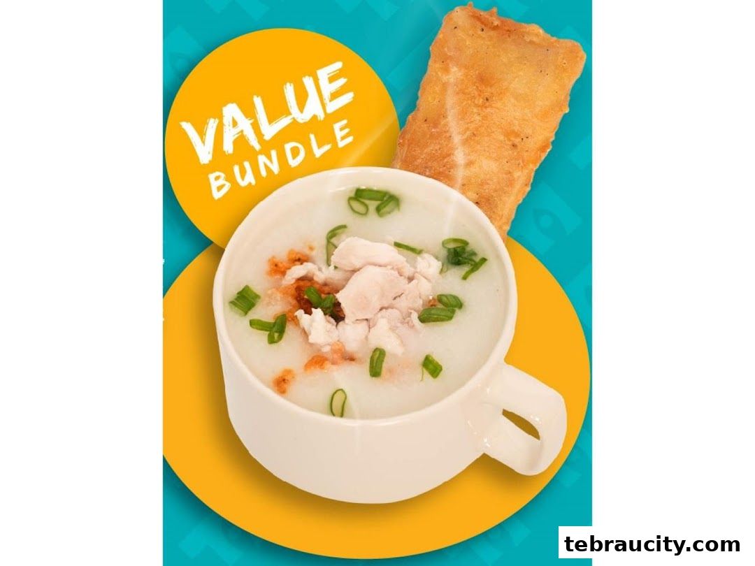 A bowl of congee with chicken and a piece of fried fish, advertised as a value bundle.