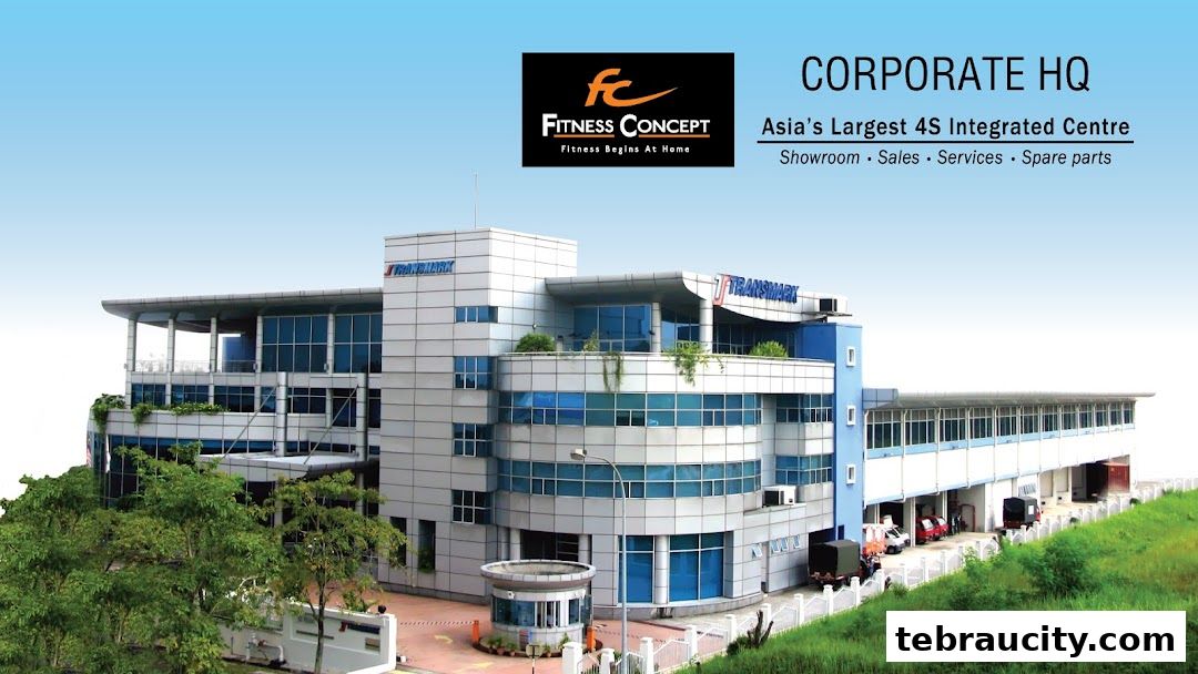 A large corporate building with the Fitness Concept logo and text about its services.