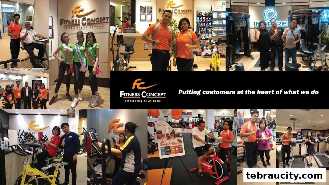Collage of images showcasing Fitness Concept store, staff, customers, and fitness equipment.
