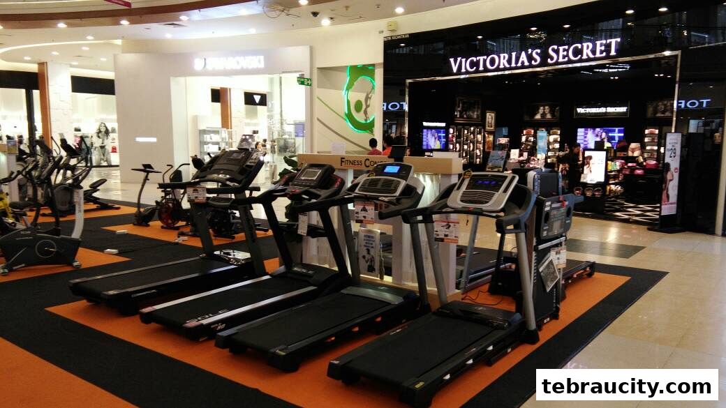 Treadmills and exercise bikes displayed in front of Fitness Concept and Victoria's Secret stores.