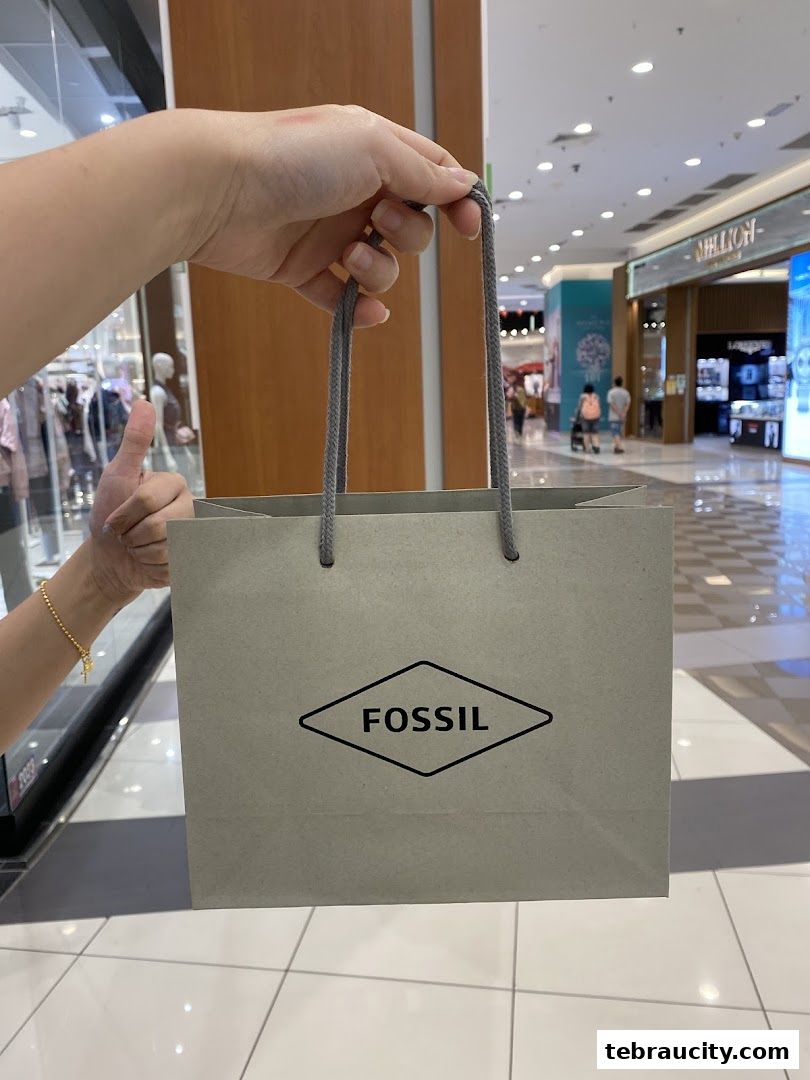 A hand holds a Fossil shopping bag in a mall with other shops visible in the background.