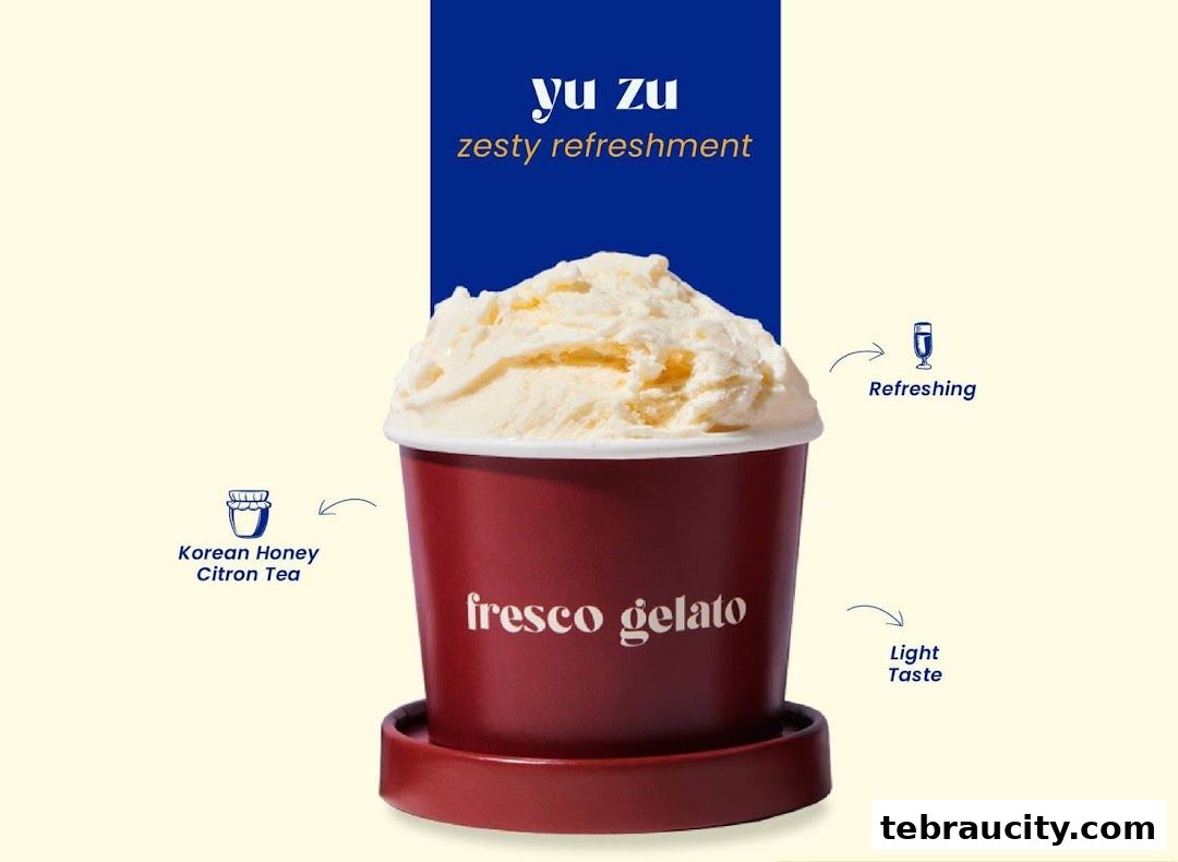 A cup of Fresco Gelato with text highlighting its refreshing and light taste.