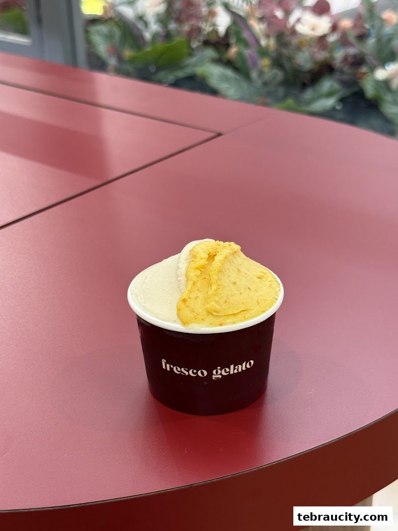 A cup of Fresco Gelato with two flavors on a red table.