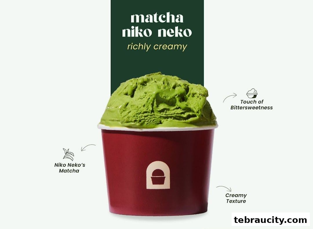 A cup of creamy matcha gelato with descriptive text highlighting its flavor and texture.