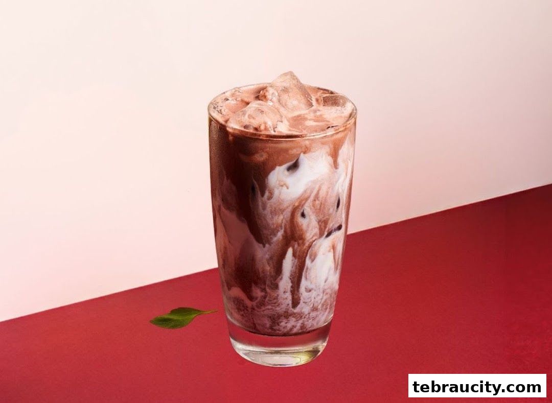 A tall glass of chocolate gelato with swirls of cream and ice.