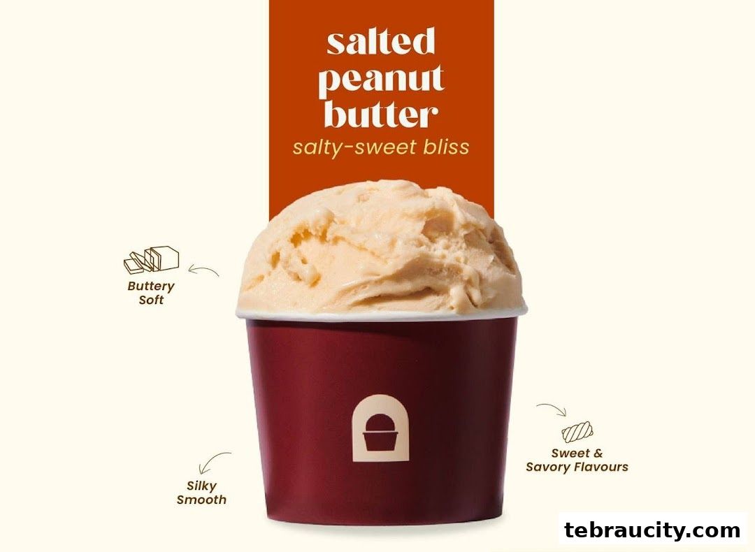 A cup of salted peanut butter gelato with descriptive text highlighting its texture and flavor.