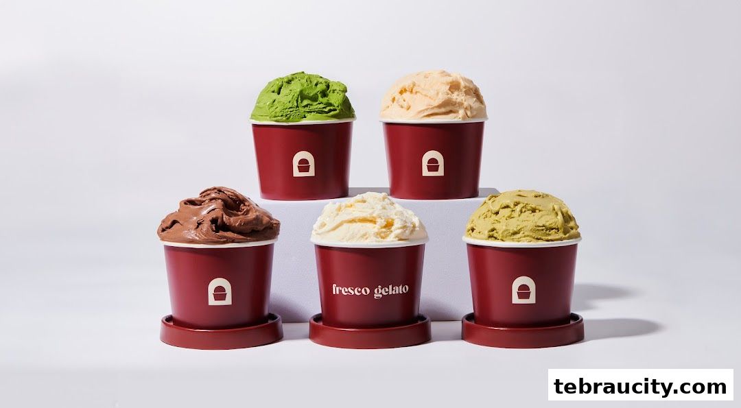 Five cups of gelato in various flavors, including chocolate, vanilla, and matcha.