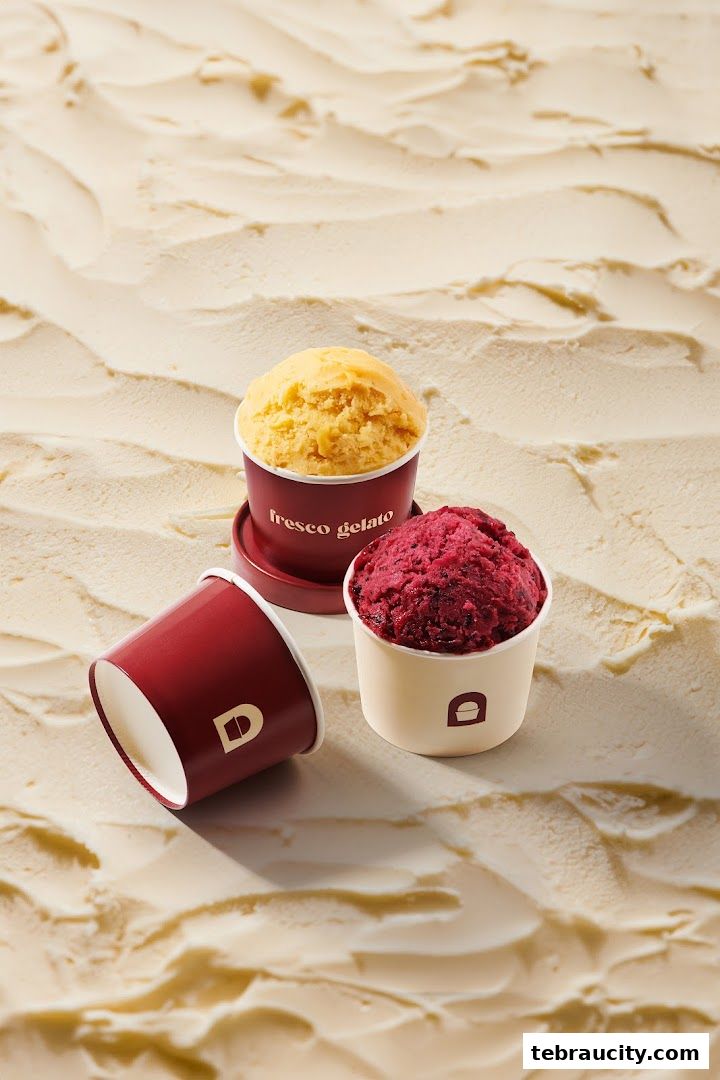 Three cups of gelato, two with scoops and one overturned, on a creamy textured background.