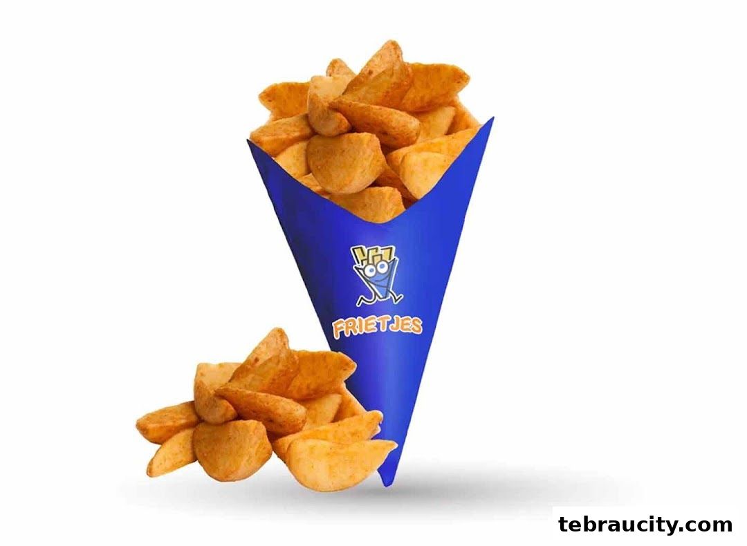A blue cone filled with crispy potato wedges, with more wedges scattered around.