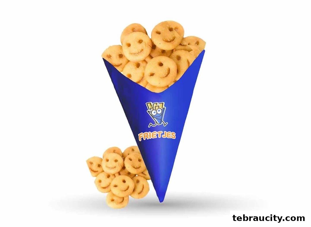 A cone filled with smiley face fries and more fries spilled on the side.