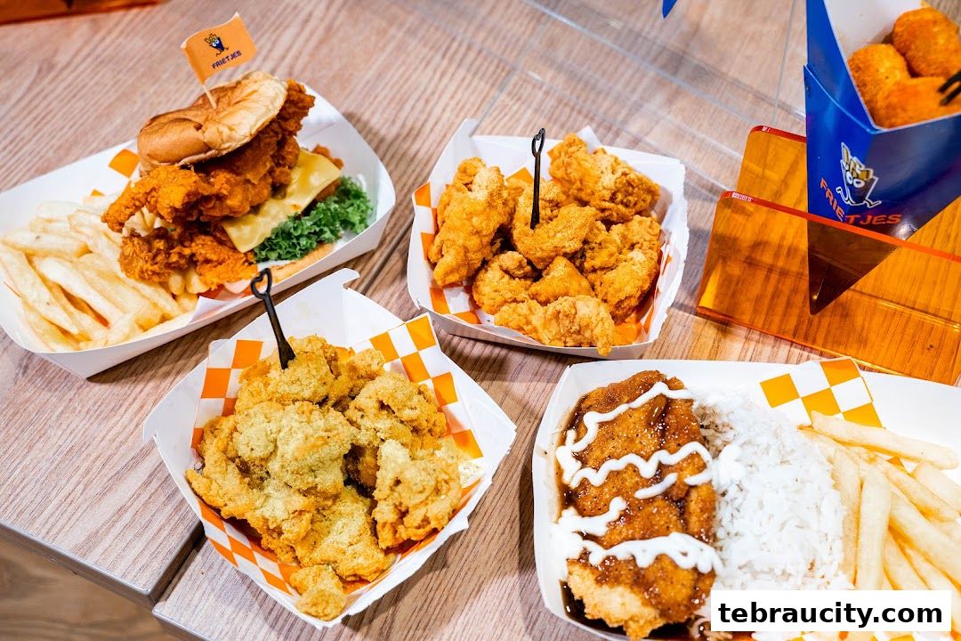 A variety of fried chicken dishes and fries are displayed on a wooden surface.