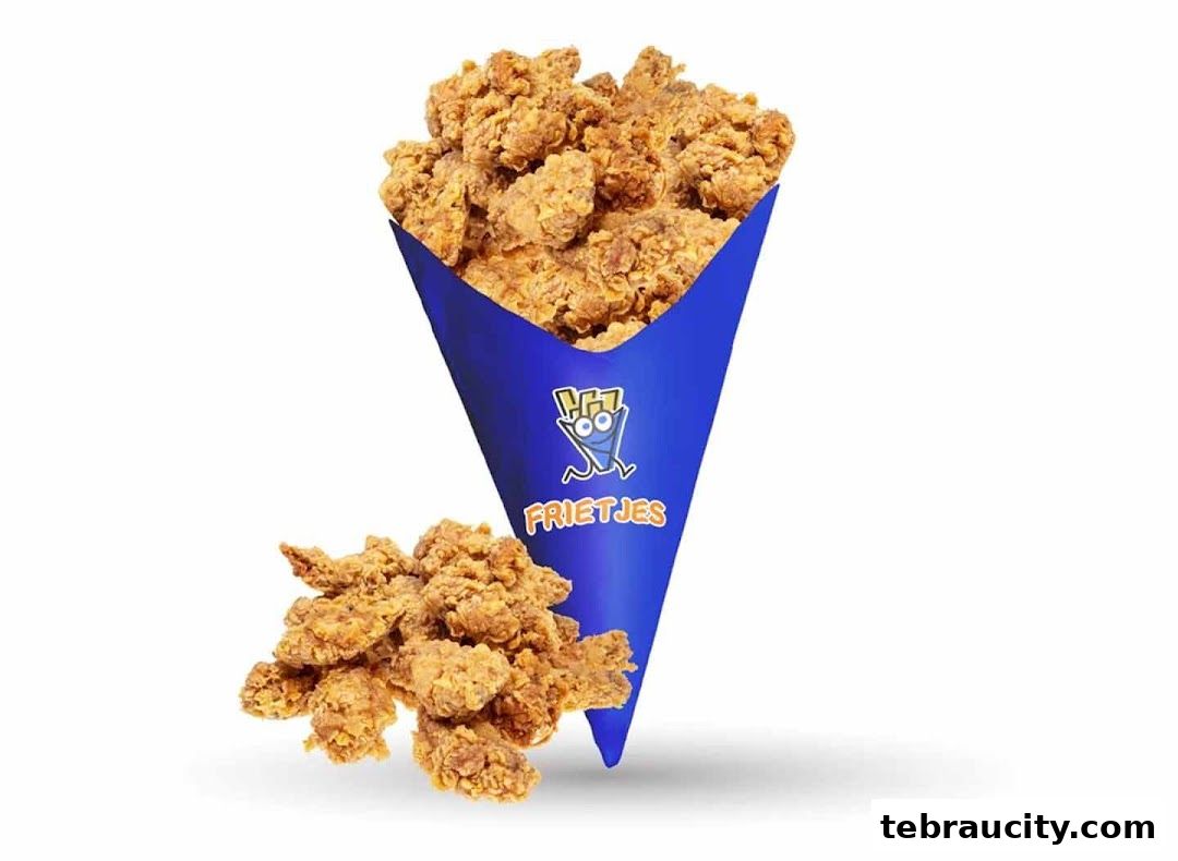 A cone filled with crispy fried chicken pieces, with more pieces scattered around.