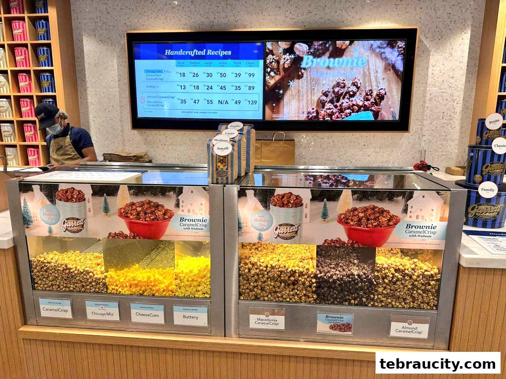 A display of various popcorn flavors at Garrett Popcorn Shops with a menu board above.