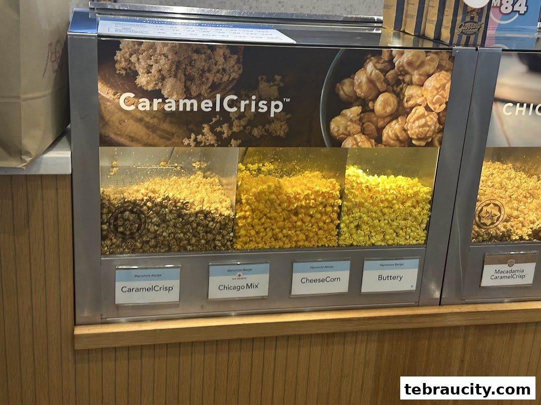 A display of various flavors of popcorn at Garrett Popcorn Shops.
