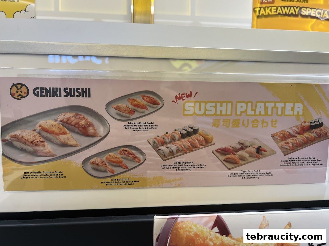 A display of various sushi platters offered by Genki Sushi, showcasing different types of sushi.