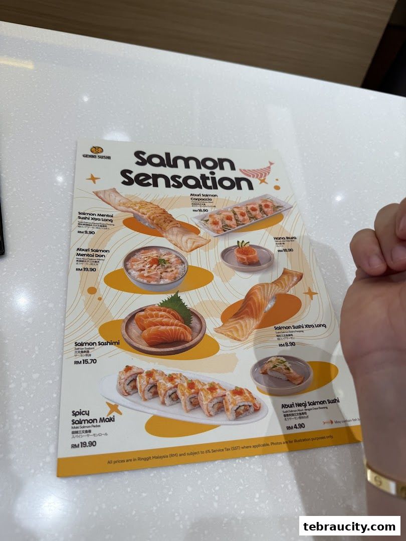 A menu from Genki Sushi featuring various salmon dishes and sushi.