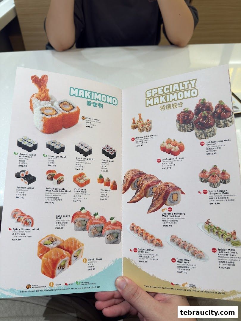 A menu from Genki Sushi featuring various maki rolls with appetizing images and prices.