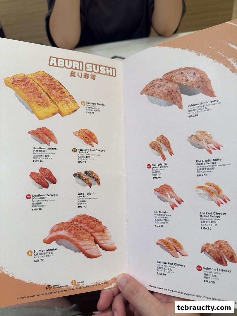 A menu page showcasing various types of aburi sushi with detailed descriptions and prices.