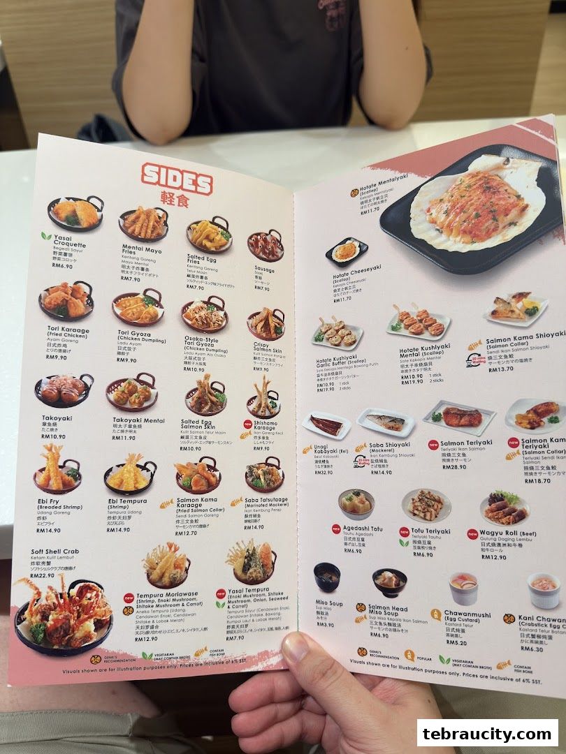 A menu from Genki Sushi featuring a variety of Japanese side dishes and main courses.