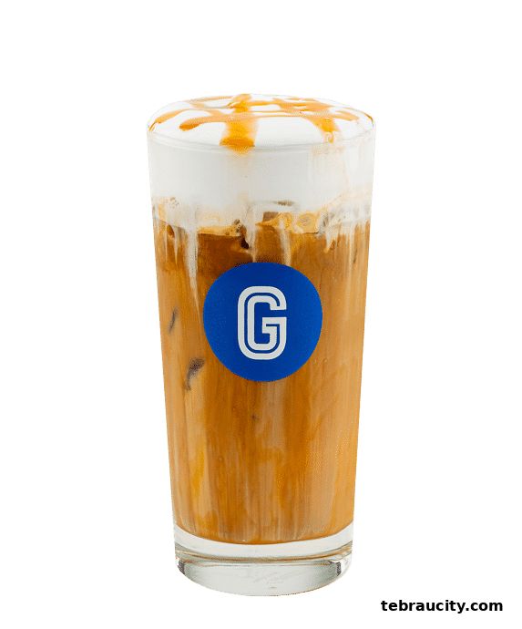 A tall glass of iced coffee with cream and caramel drizzle, featuring the Gigi Coffee logo.